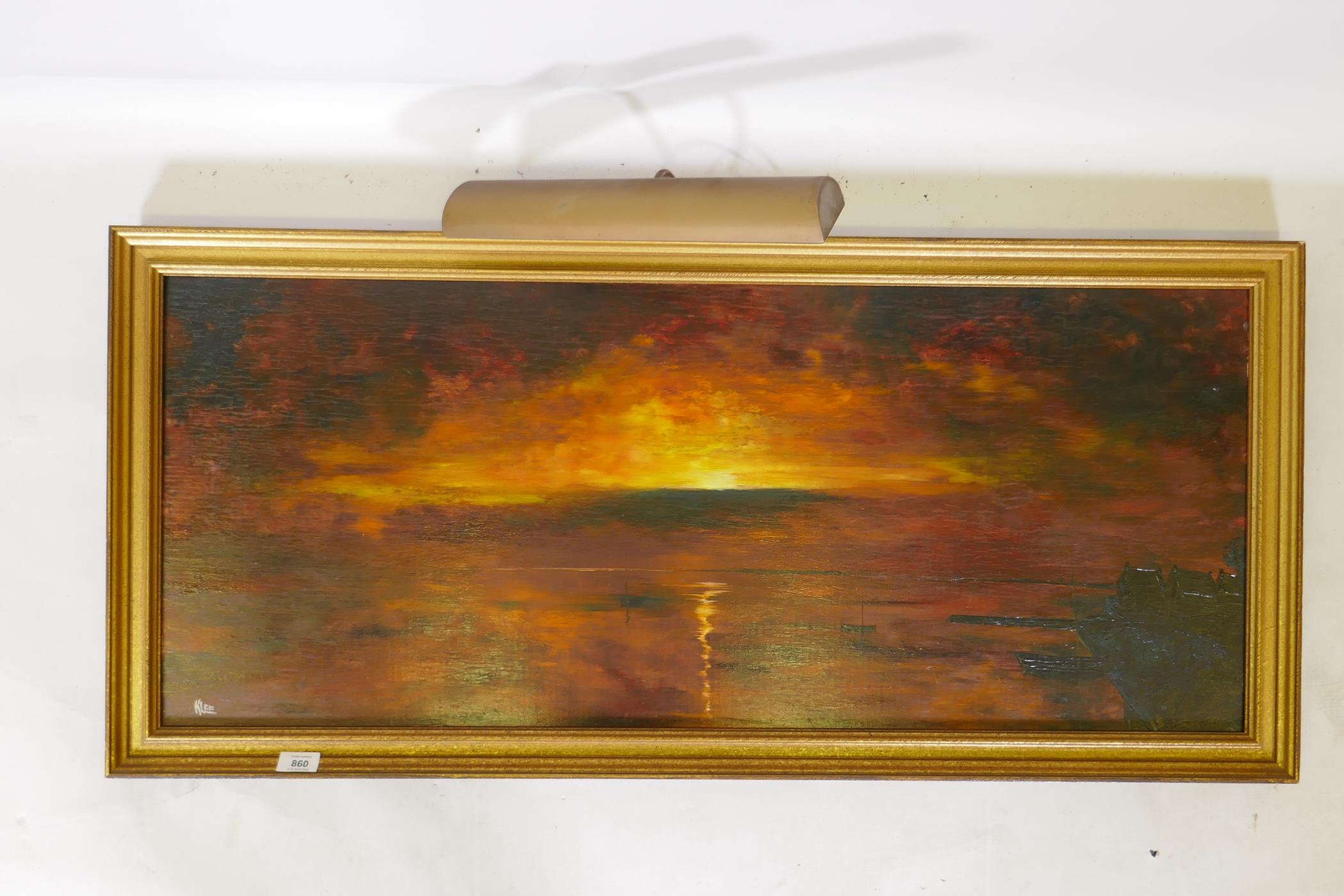 Sunset over water, mid C20th, oil on board, signed Klee, 107 x 46cms