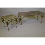 A mid century onyx top coffee table, raised on brass base with swan shaped supports, 94 x 44 x