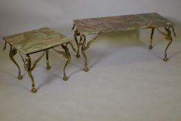 A mid century onyx top coffee table, raised on brass base with swan shaped supports, 94 x 44 x