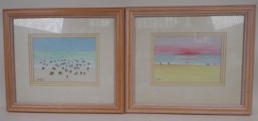 July Joel, a pair of beach scenes, signed and dated 1992, watercolour and gouache, 7" x 5"