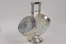 A silver plate and glass double ended biscuit barrel, 30cm high