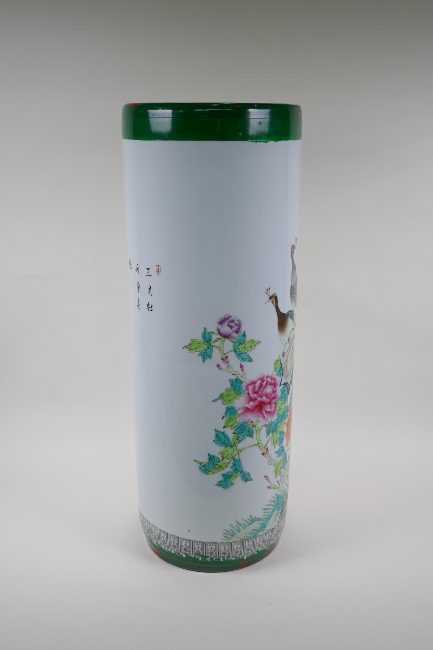 A Chinese famille verte ceramic stick stand, decorated with asiatic birds and flowers, 62cm high - Image 5 of 7