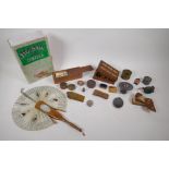 A quantity of vintage bijouterie and curios including silver pill boxes, a Type 3 RAC Badge, a