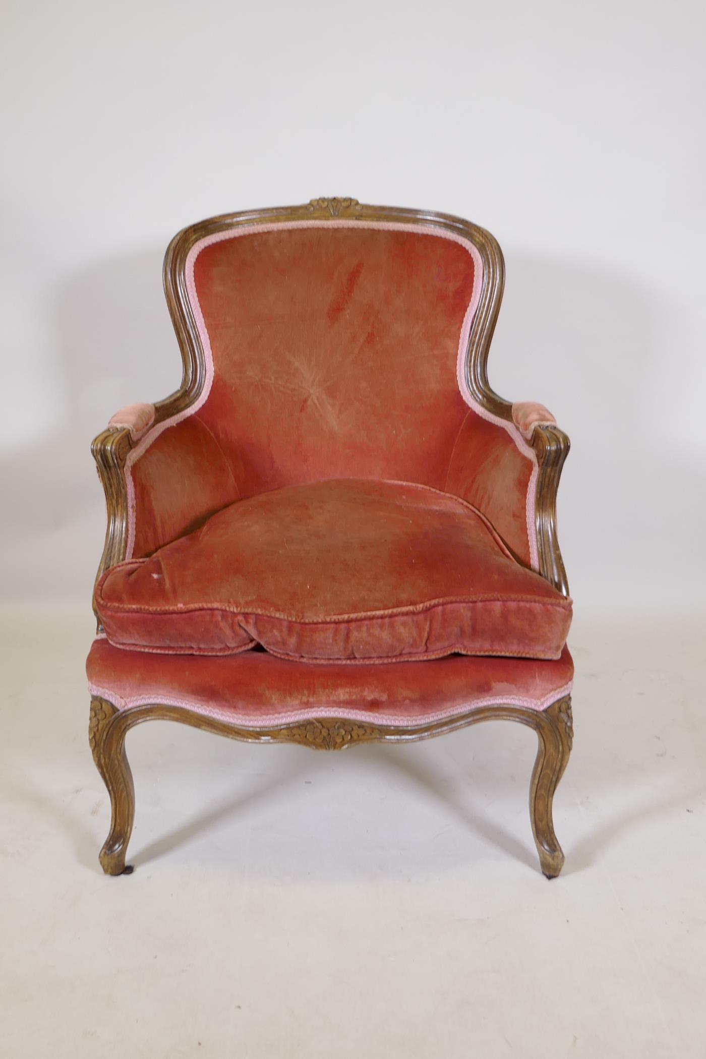 A French style beech wood arm chair, with carved decoration, raised on shaped supports - Image 2 of 2