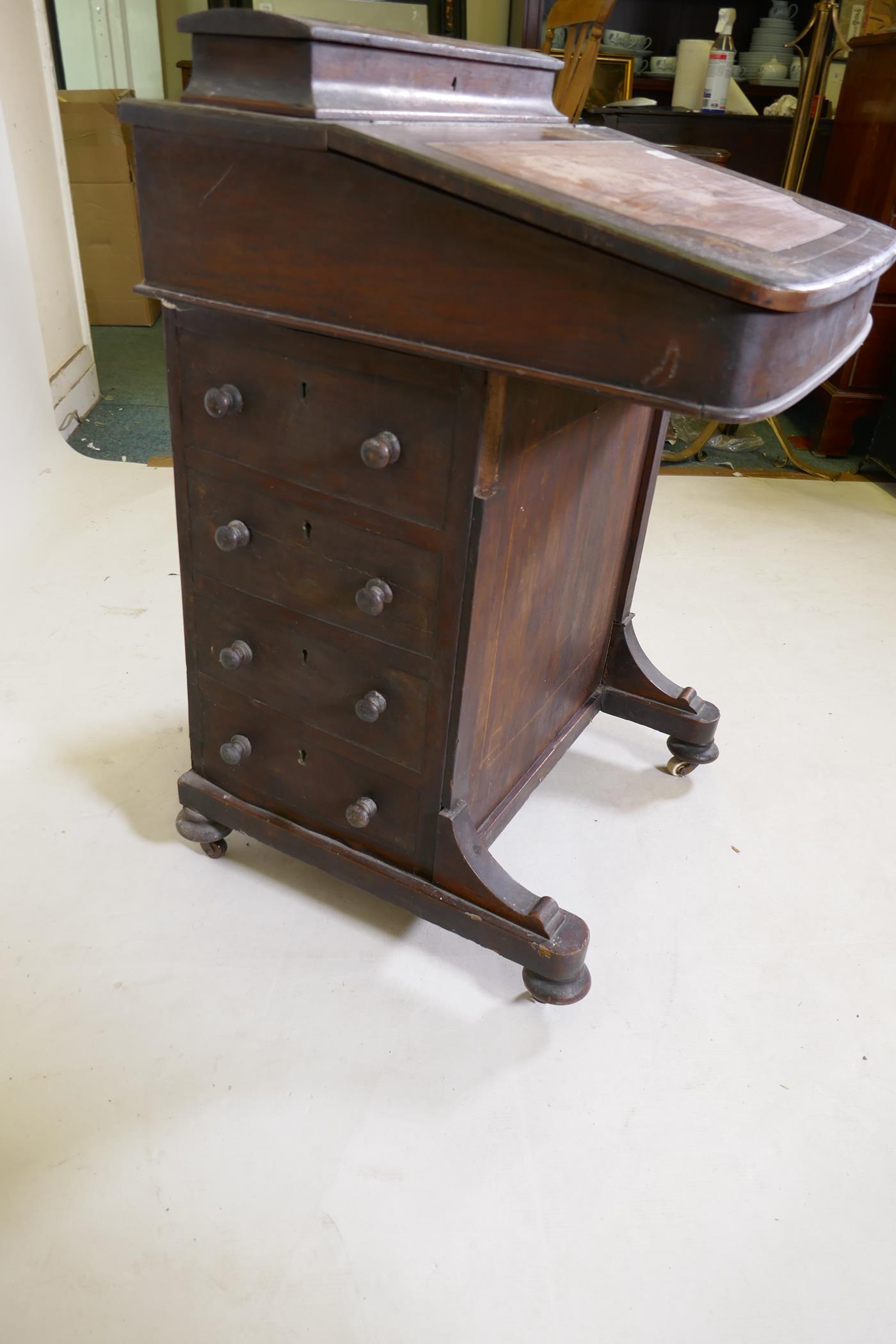 A Victorian inlaid mahogany davenport with four true and four false drawers and lift up top with - Image 3 of 5