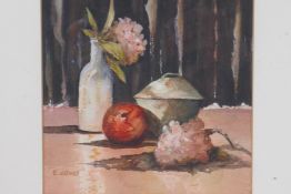 E. Cross, still life of flowers, fruit and pottery, watercolour, 16cm x 16cm