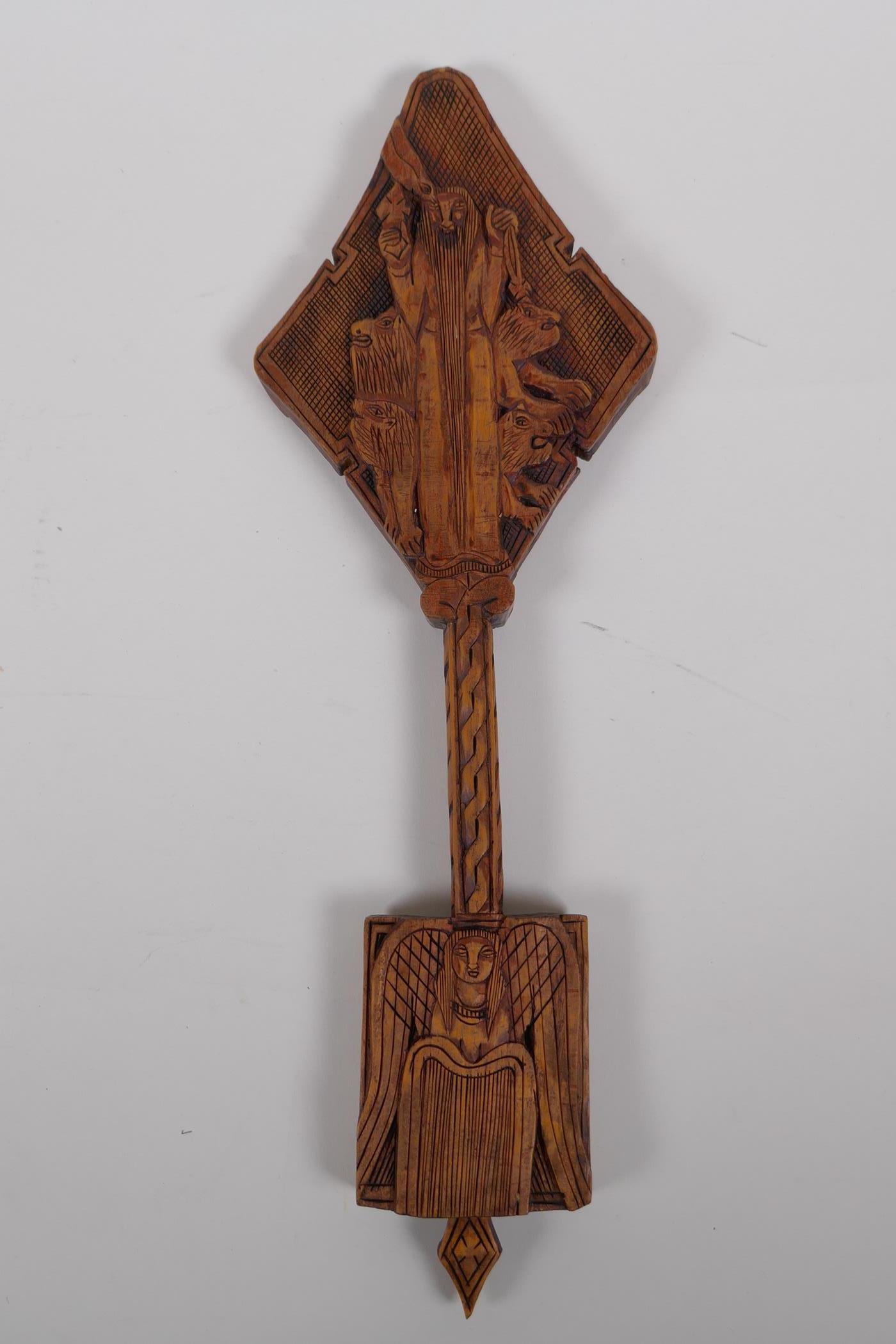 An Ethiopian carved wood coptic cross with figural decoration, 42cm long - Image 4 of 6