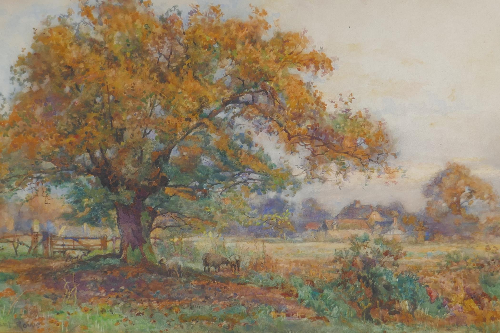 Sidney Grant Rowe, landscape with sheep under a tree, inscribed on frame 'Under the Oak Tree',