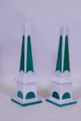 A pair of quartz obelisks with inset malachite panels, 42cm high