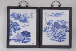 A pair of Chinese bisque porcelain plaques with transfer printed blue and white decoration of