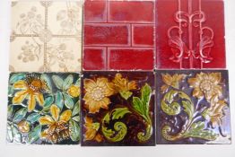 Six antique Staffordshire pottery tiles, 16cm square