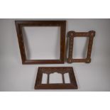 Three C19th gothic design oak picture frames, largest rebate 37 x 35.5cm
