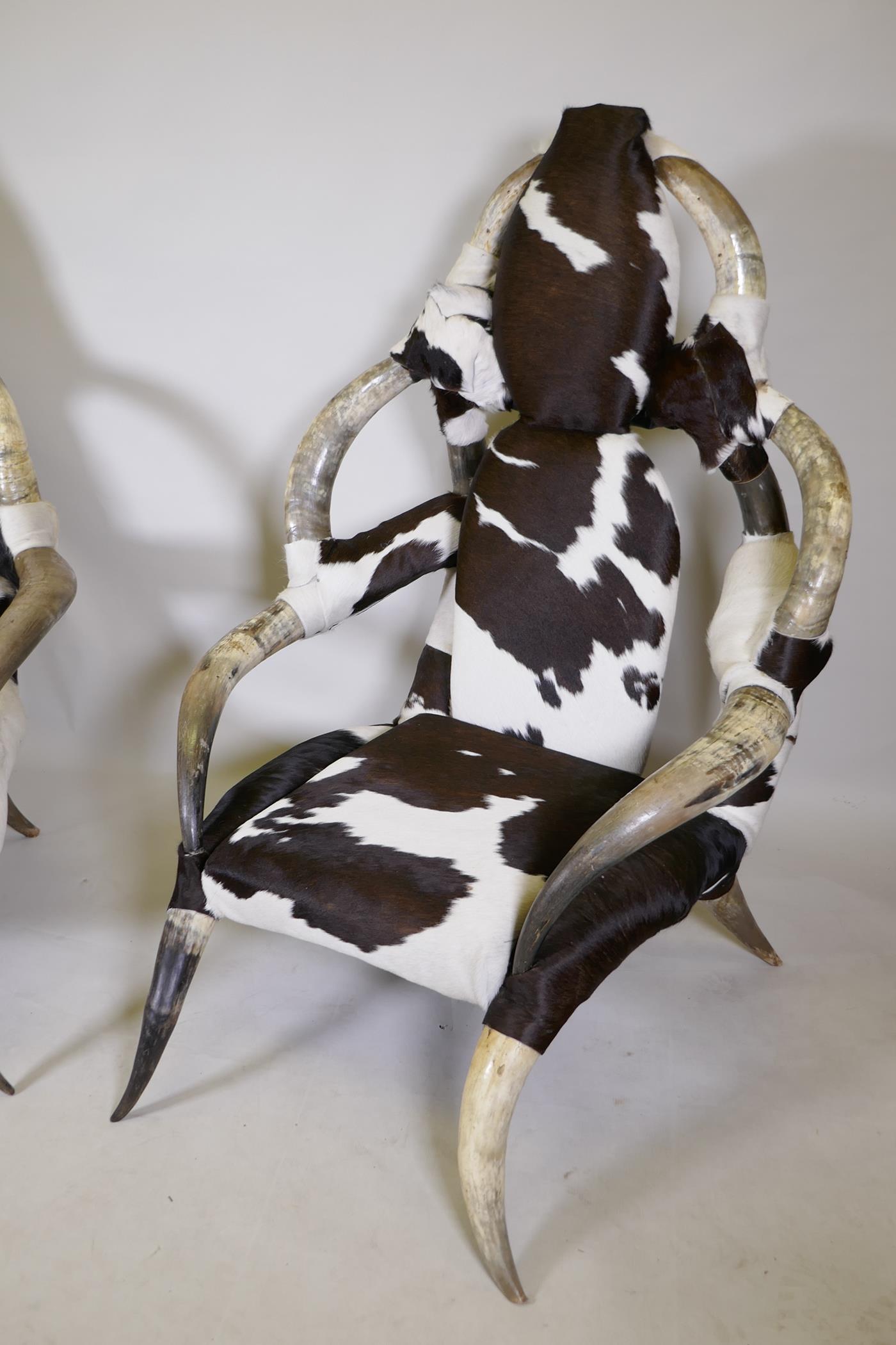 A pair of horn and hide covered open armchairs, 125cm high - Image 3 of 4