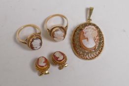 A 9ct gold pendant set with a cameo, 6.7g, a 9ct gold cameo set ring, size K, a yellow metal cameo