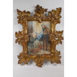 An orange seller and his patron, C19th watercolour in a period florentine carved giltwood frame,