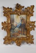 An orange seller and his patron, C19th watercolour in a period florentine carved giltwood frame,