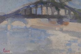 River scene with bridge, inscribed verso 'Le Pont', early C20th, oil on mill board, bears stamped