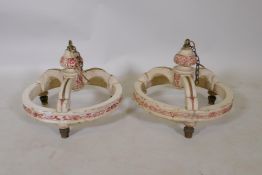 A pair of painted wood three light chandeliers, 37cm diameter