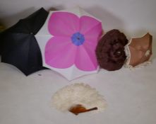 Three vintage silk parasols and one other, and an ostrich feather fan, 66cm longest, AF