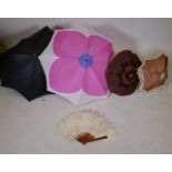 Three vintage silk parasols and one other, and an ostrich feather fan, 66cm longest, AF