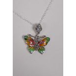 A silver and plique a jour butterfly pendant necklace, 2.5cm drop