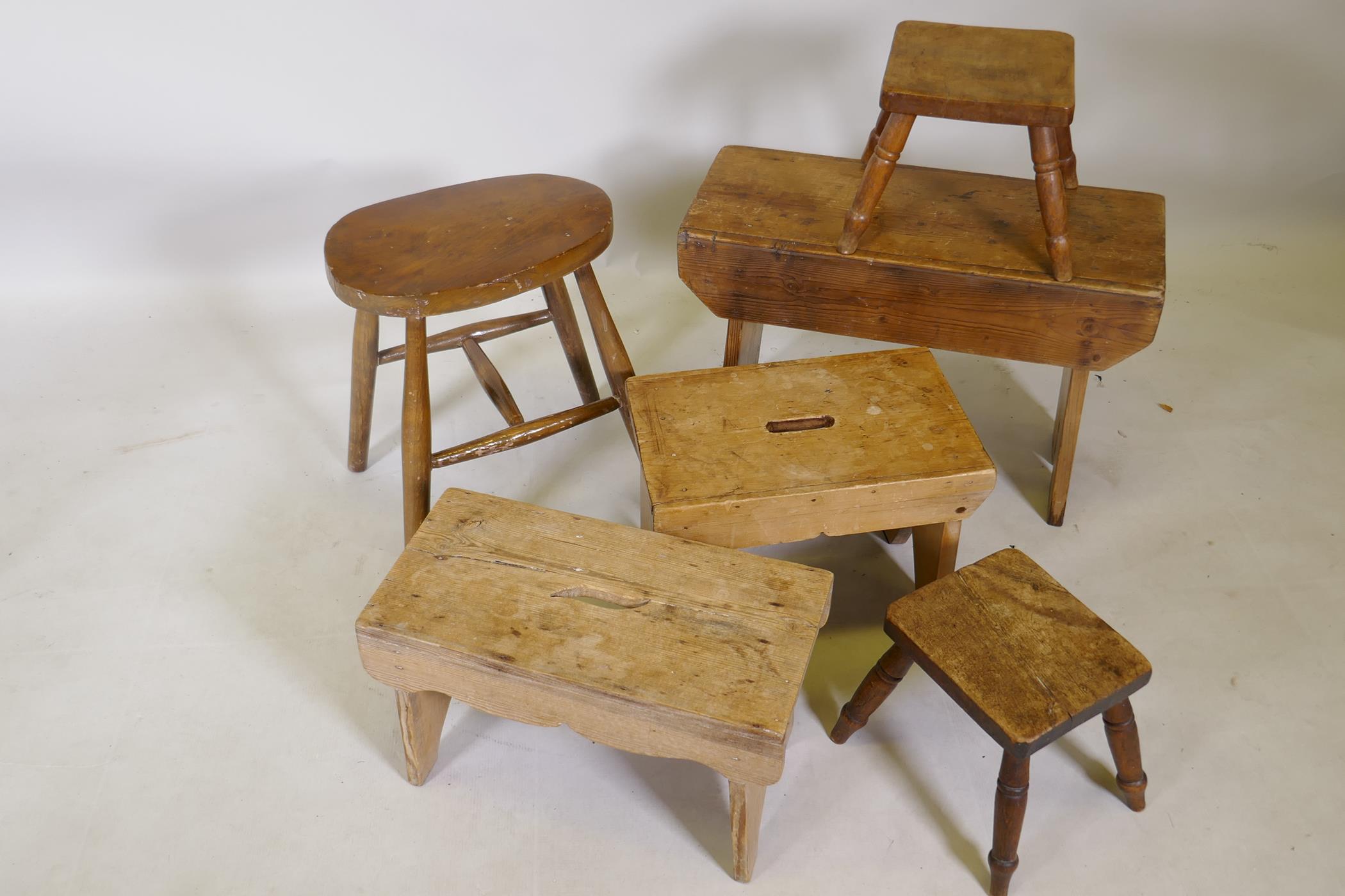 Collection of stripped pine stools, fruitwood stool and a C19th elm top stool, 44cm high - Image 2 of 3