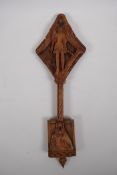 An Ethiopian carved wood coptic cross with figural decoration, 42cm long
