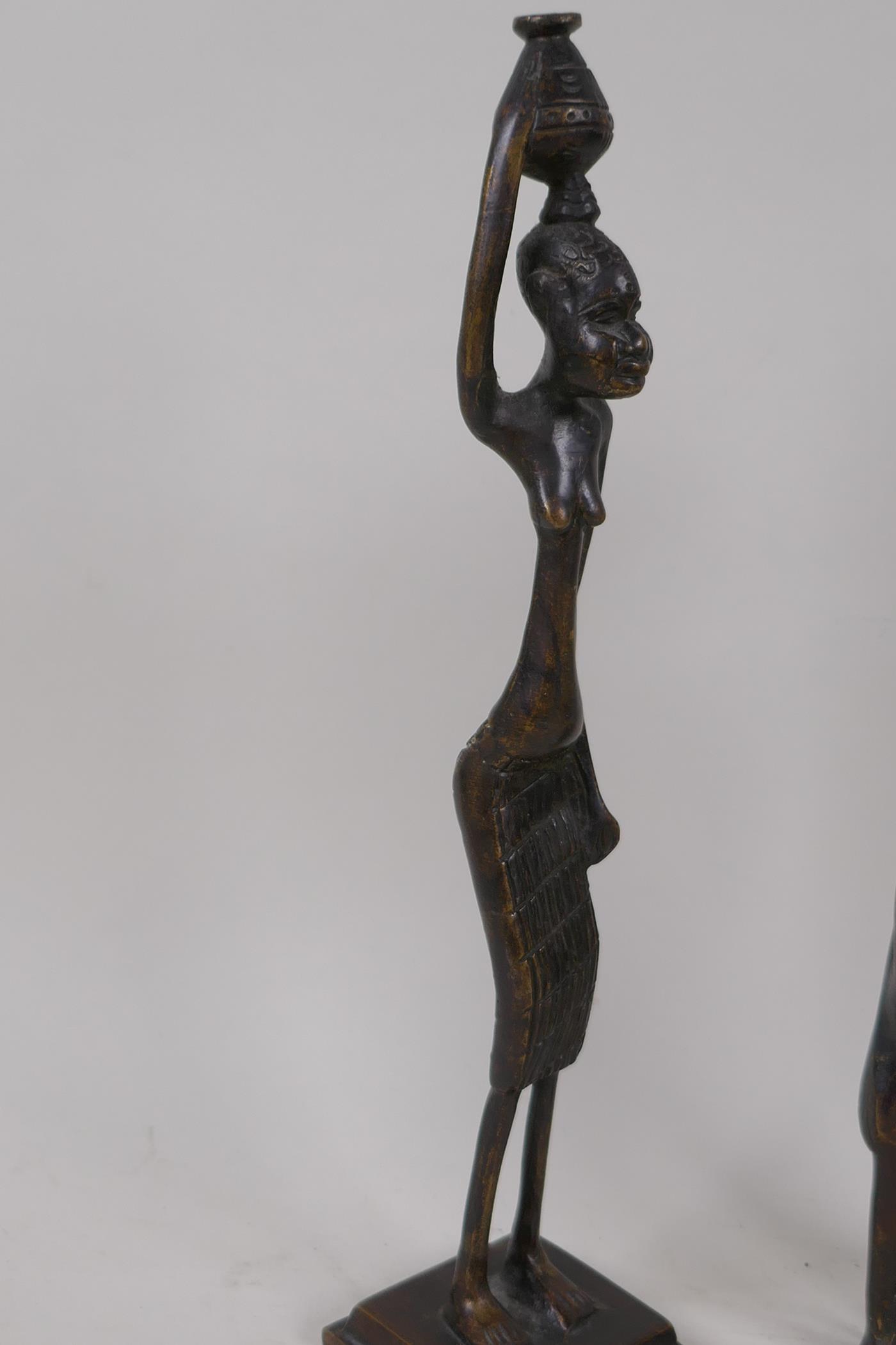 Two Benin bronze figures of a warrior and woman, 30cm high - Image 3 of 4