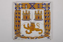 A C19th French Charles Pickman heraldic tile, impressed marks verso, 26 x 26cm