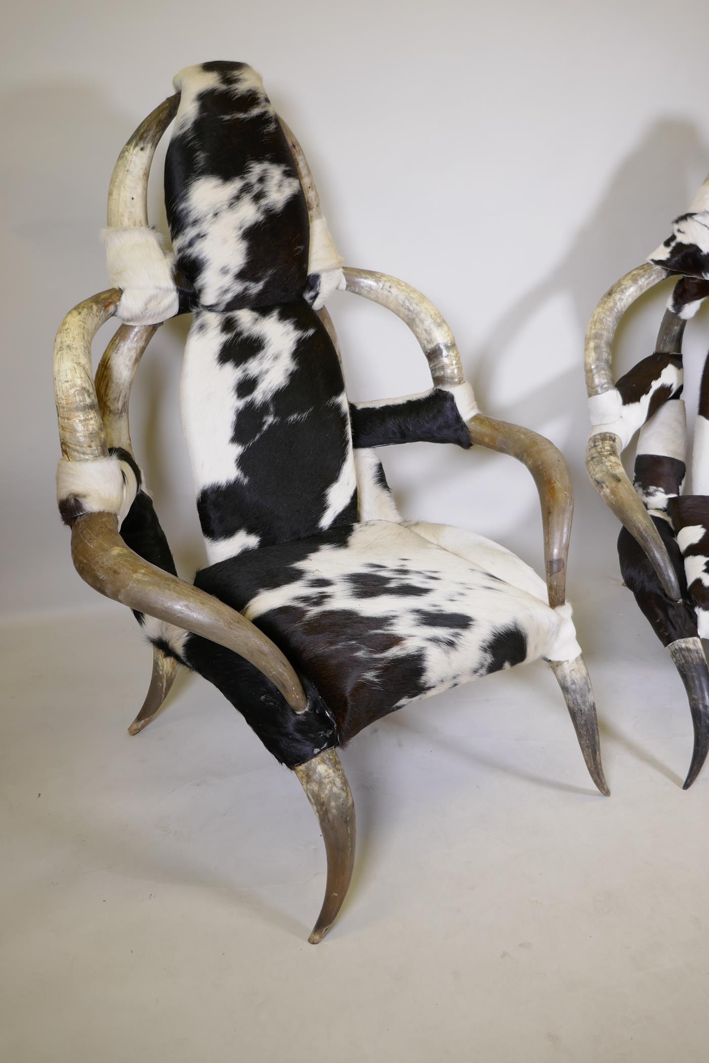 A pair of horn and hide covered open armchairs, 125cm high - Image 4 of 4