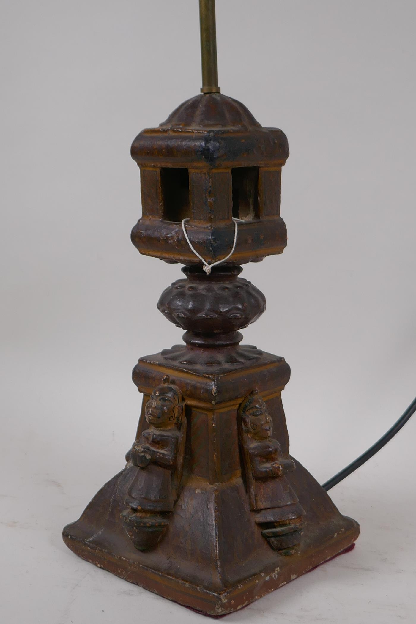 An Indian carved wood table lamp in the form of a temple with applied figural decoration, 44cm high - Image 4 of 4