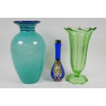 A studio glass vase with mottled green finish, blue and green swirled rim, 29cm high, an Art Deco