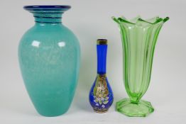 A studio glass vase with mottled green finish, blue and green swirled rim, 29cm high, an Art Deco