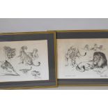 William Timym, two prints of lions and leopards, 66cm x 46cm