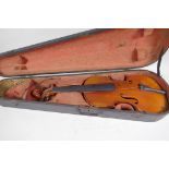 A vintage violin in hardwood fitted case, violin 56cm long