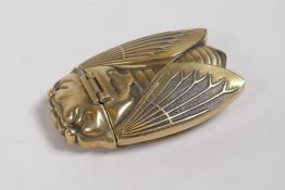 A brass vesta case in the form of a cicada, 6cm