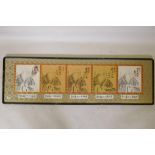 An oriental framed polyptych depicting five Buddhas, water inscriptions and seal marks, framed,