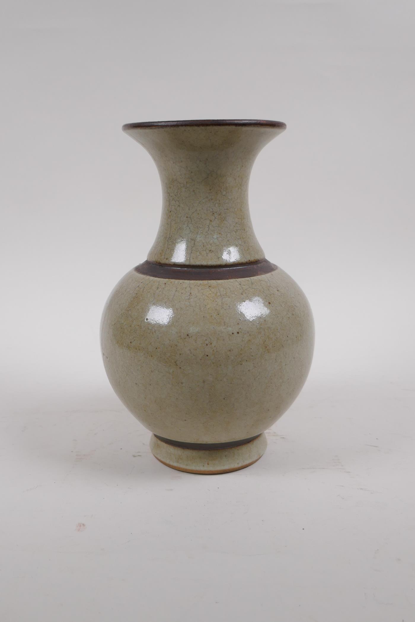 A Chinese celadon glazed porcelain vase with bronze style bands and prunus blossom decoration, - Image 3 of 5