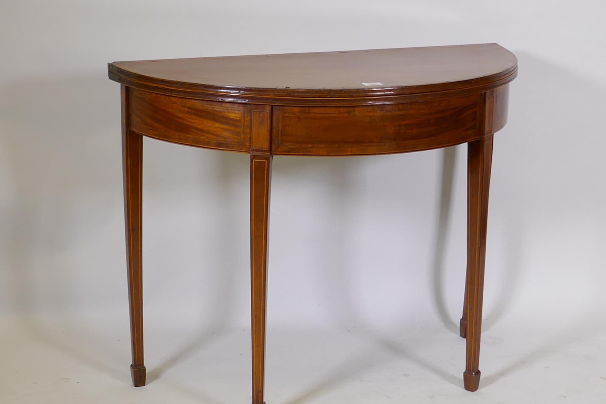 Georgian mahogany demi lune tea table, with crossbanded top and inlaid stringing, raised on square - Image 2 of 4