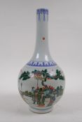 A famille vert porcelain bottle vase decorated with a noble and his guards in a landscape, Chinese