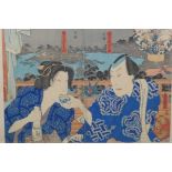 Utagawa Kunisada (Toyokuni III), (Japanese 1786-1864), a couple sharing sake, Edo Ukiyo-e diptych
