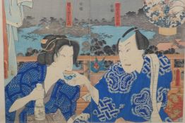 Utagawa Kunisada (Toyokuni III), (Japanese 1786-1864), a couple sharing sake, Edo Ukiyo-e diptych