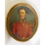 Portrait of a British Army officer in dress uniform, C19th, oil on panel in an gilt oval frame,