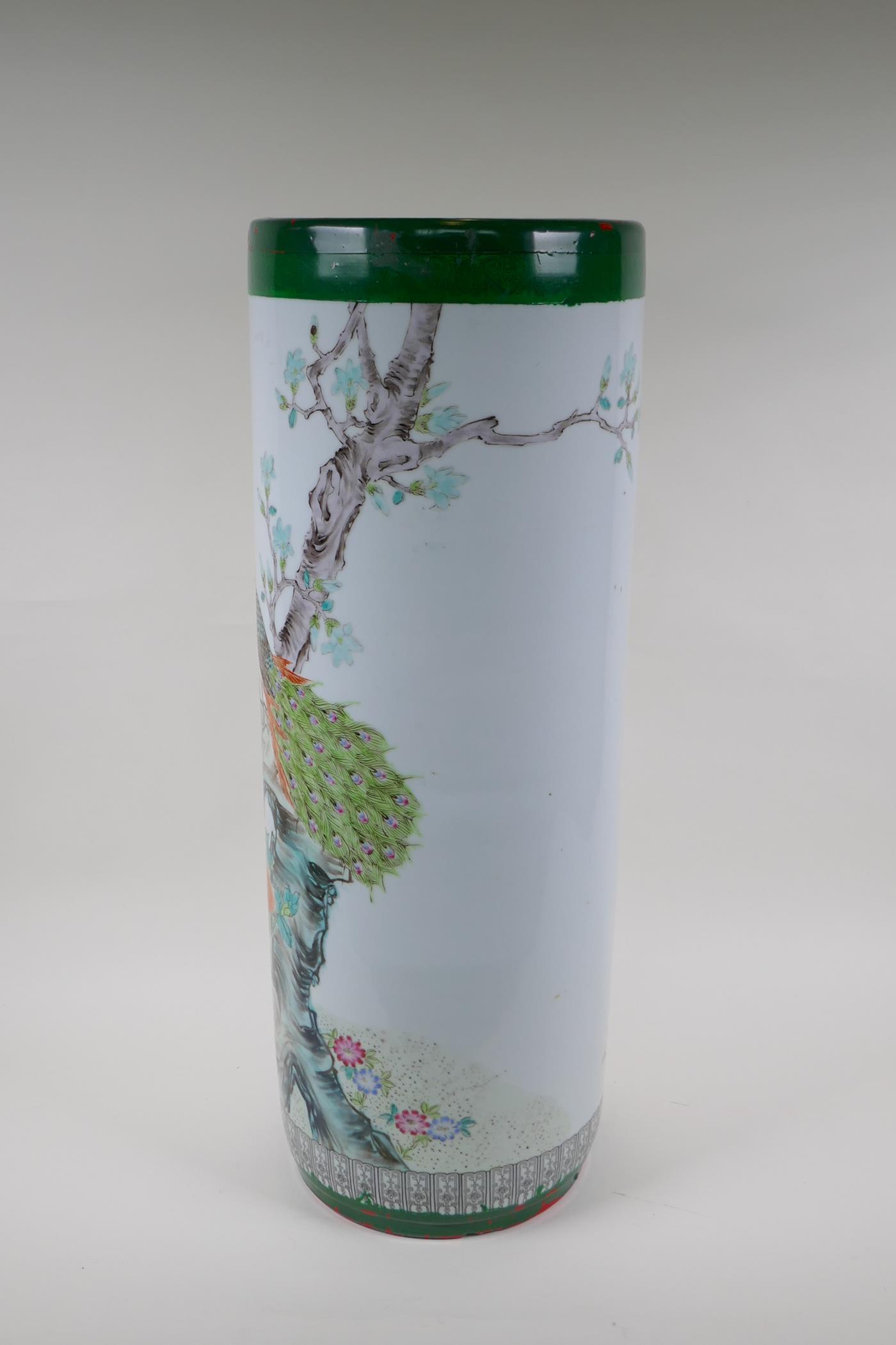 A Chinese famille verte ceramic stick stand, decorated with asiatic birds and flowers, 62cm high - Image 2 of 7