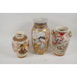 Three Meiji Satsuma pottery vases, largest 31cm high