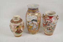 Three Meiji Satsuma pottery vases, largest 31cm high