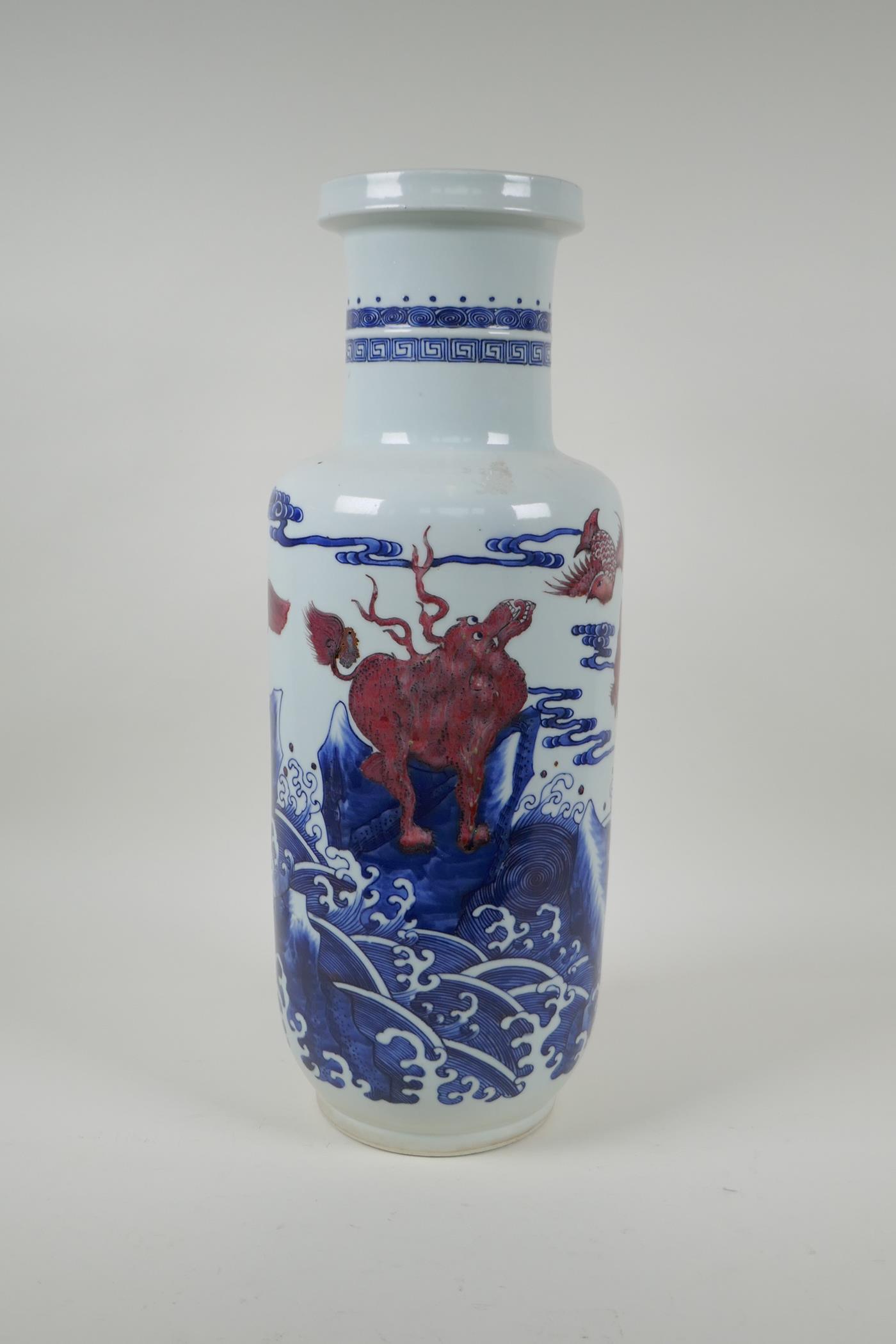 A Chinese blue and white porcelain rouleau vase with red mythical creature decoration, 45cm high - Image 2 of 6