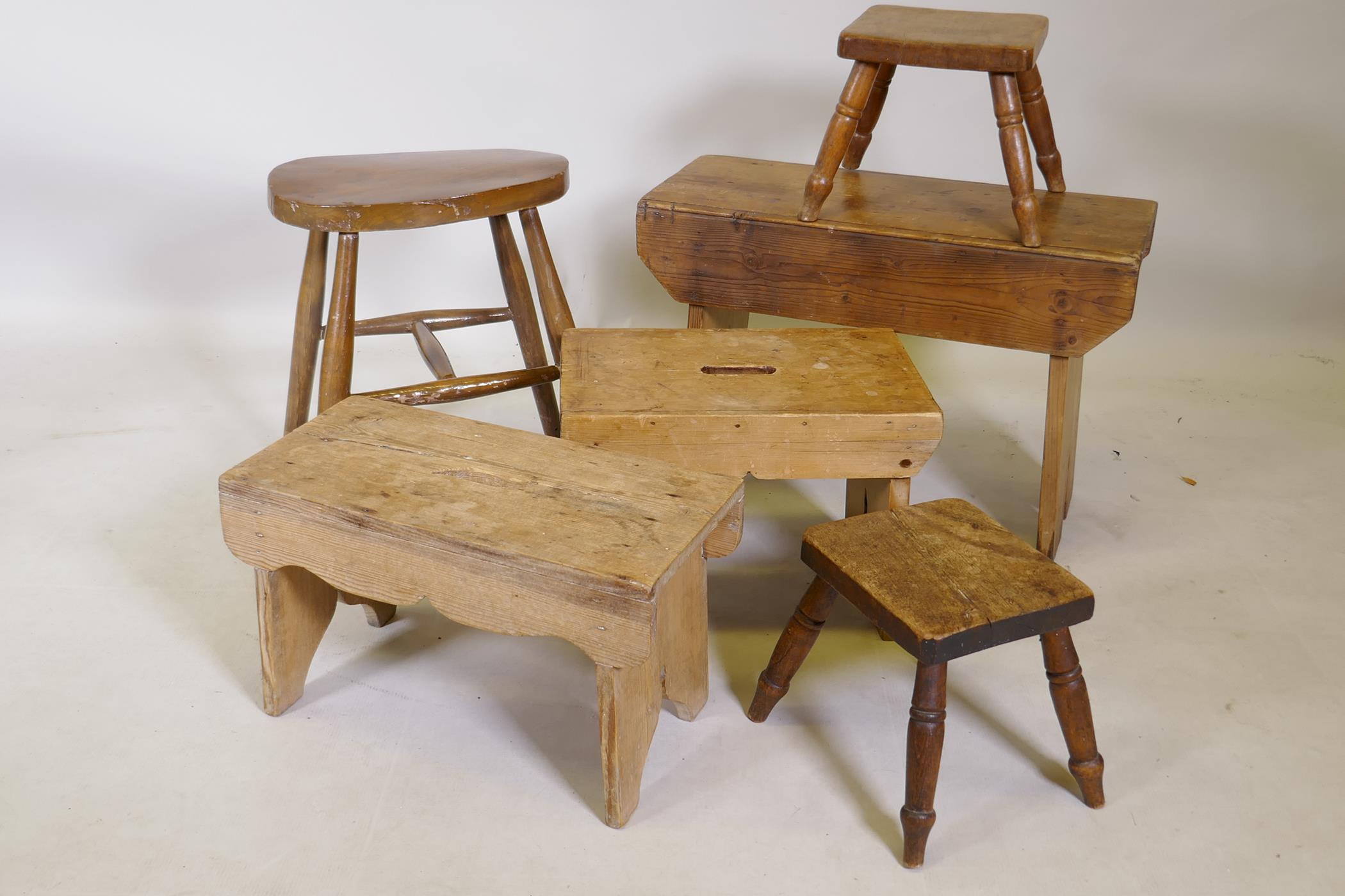 Collection of stripped pine stools, fruitwood stool and a C19th elm top stool, 44cm high