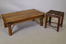 An Indian metal strapped hardwood coffee table and a vintage Chinese bamboo stool, 48cm high x