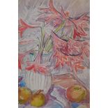 Still life with day lilies, and fruit, signed G.W. Hooper, unframed watercolour, 40 x 58cm